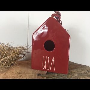NIB RAE DUNN USA Square Birdhouse with Ribbon Red